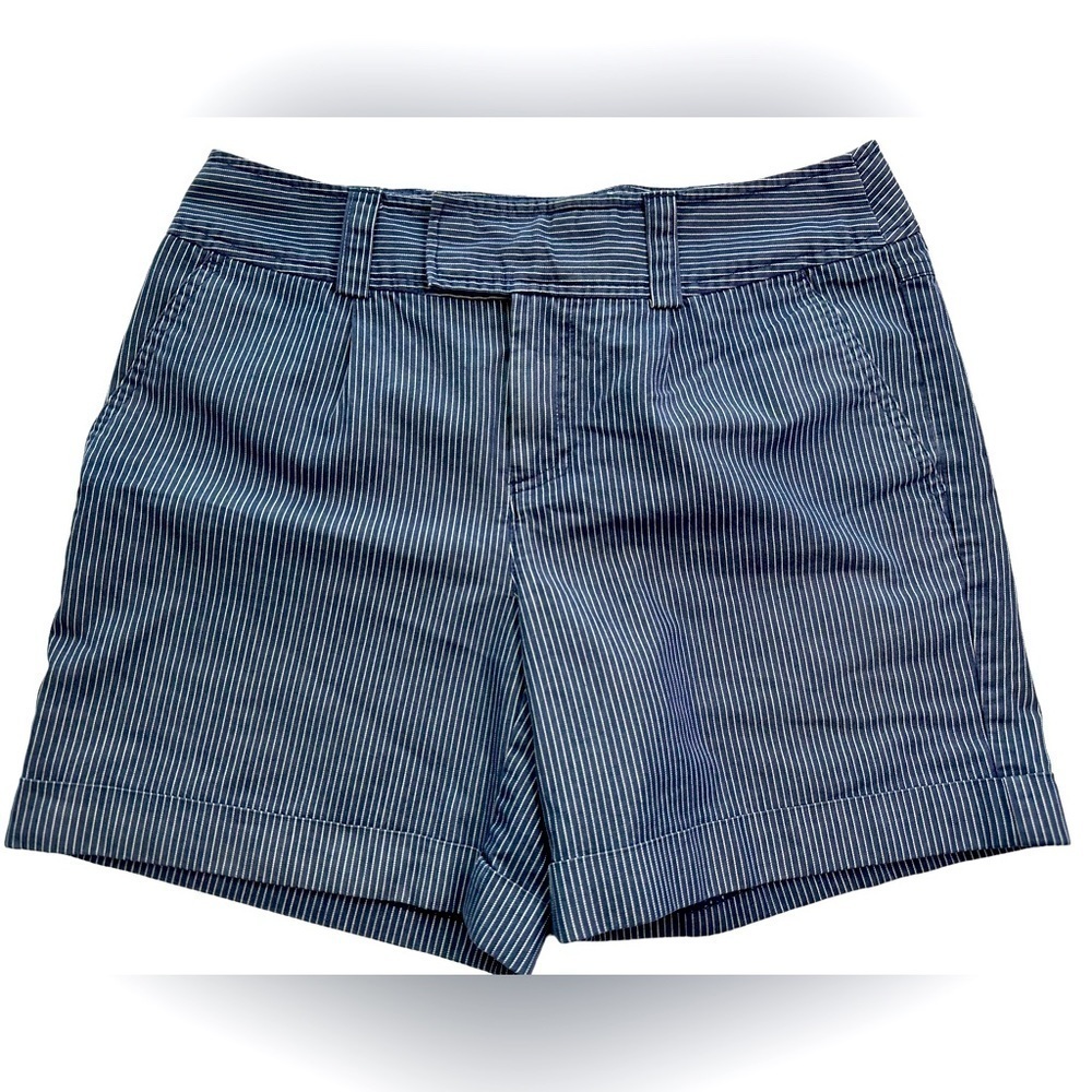 Cato navy blue and white‎ pinstriped faux cuffed shorts